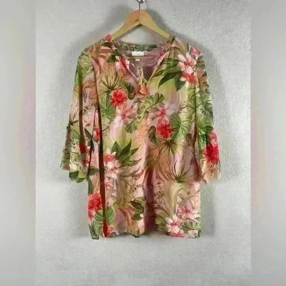 J. Jill Seashell Paradise Tunic Blouse Floral Tropical Pink Womens Small Petite - Picture 2 of 10